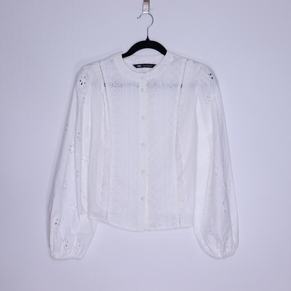 ZARA Openwork Lacey Long Sleeve Blouse White Cottagecore Eyelit Women's XS - Picture 1 of 8